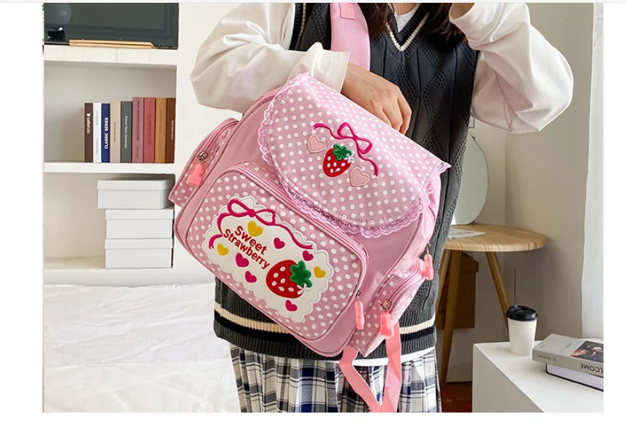 2021 New Arrival! Cute embroidery fruit strawberry lace backpack