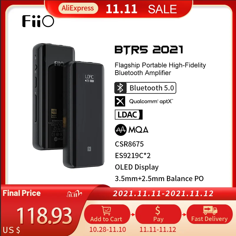 FiiO NEW btr5 2021 Lossless Bluetooth Audio Receiver Support MQA Balanced Earphone Adapter With Es9219c 2 DAC CHIPS