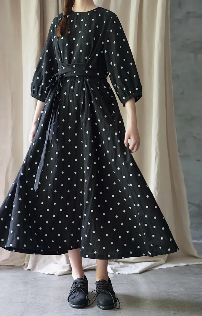 Casual New Summer Dress Three Quarter Sleeve Mid-calf Length Loose Sashes O-neck Dot Vintage Linen Women Dress