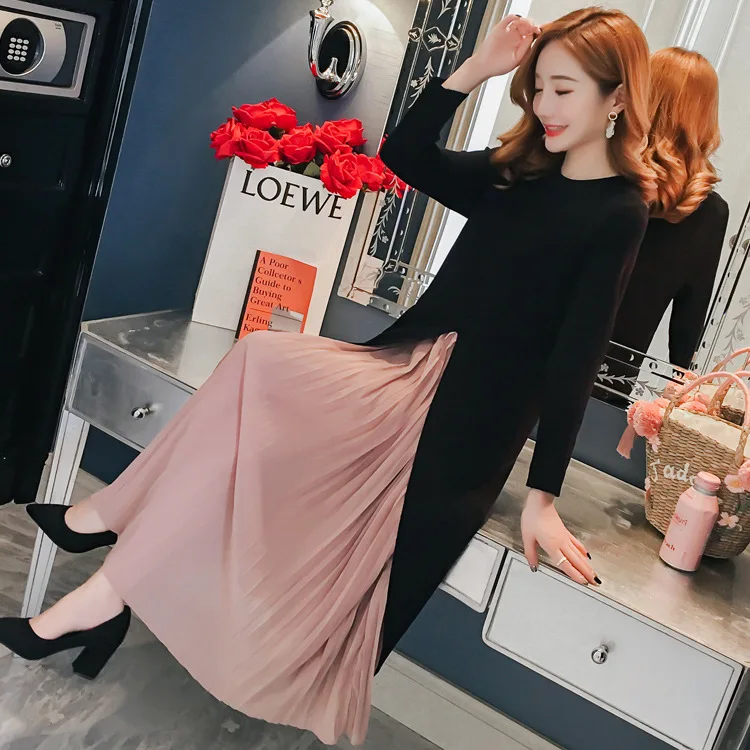 

Sweet Maternity Dress Socks Spring And Autumn Tide Mom Loose-Fit Korean-style Pregnancy Long Dress Pregnant Women Base Shirt
