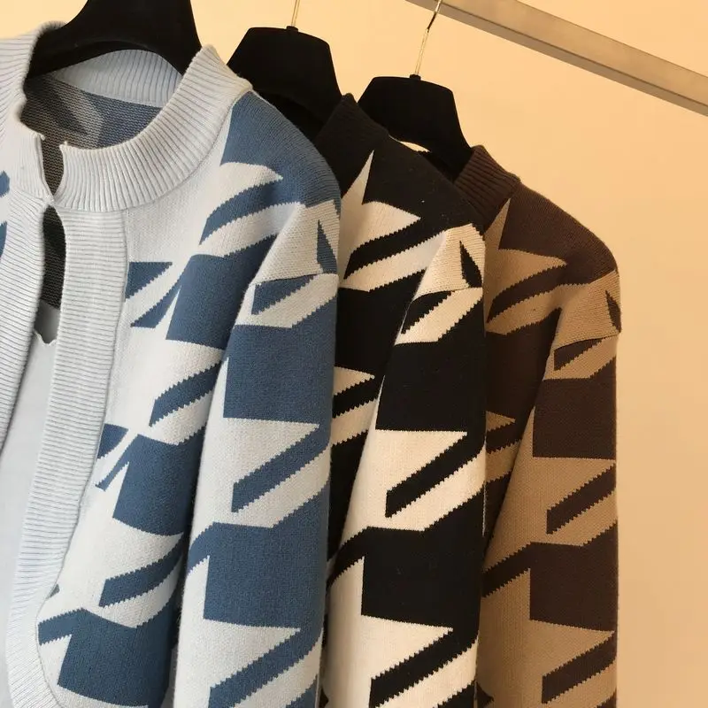 ALPHALMODA осенне-зимний женский кардиган с рисунком «гусиные лапки»+ платье на бретельках модный костюм из 2 предметов элегантный вязаный комплект из 2 предметов