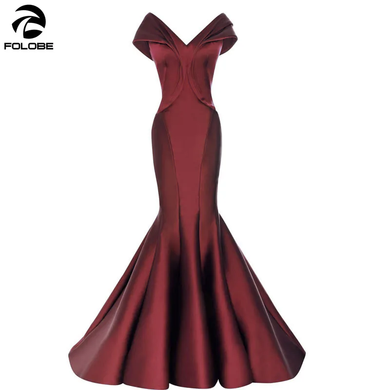 FOLOBE Long Elegant Prom Dresses Sexy Mermaid V-neck Cap Sleeve Floor Length African Burgundy Evening Prom Dress