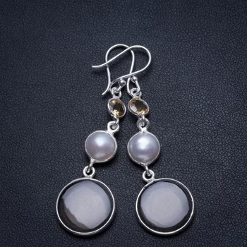

Natural Smoky Quartz,River Pearl and Citrine Unique 925 Sterling Silver Earrings 2 1/4" T3583