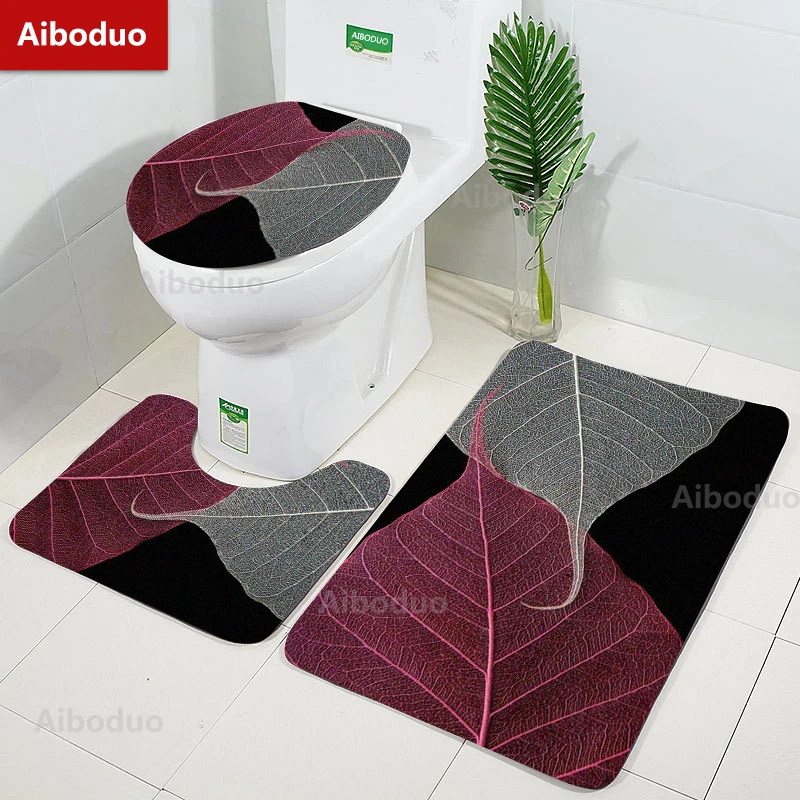 

Aiboduo Drop Shipping Customizable Leaves 3pcs/set Non SlipToilet Lid Cover Set Art Carpet Bath Mat Home Decoration Restroom Rug