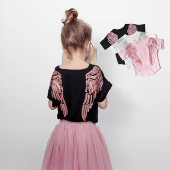 

2020 Summer Fashion Unisex Angel Wings T-shirt Sequins Girls Clothes Children Boy Short Sleeves Tees Baby Kids Cotton Tops 1-7Y