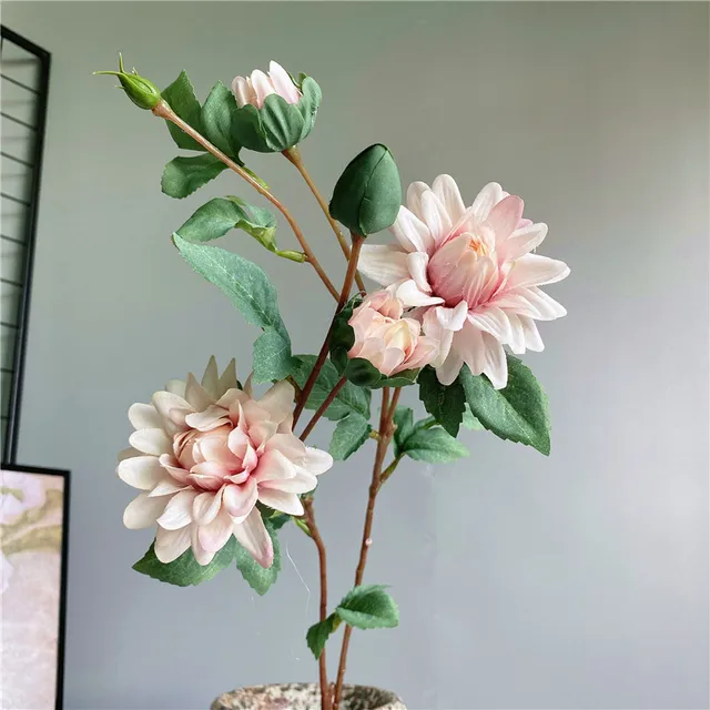 Dahlia fleurs artificielles blanches en soie avec fausses feuilles, pour  une décoration de mariage, jardin et hôtel | AliExpress