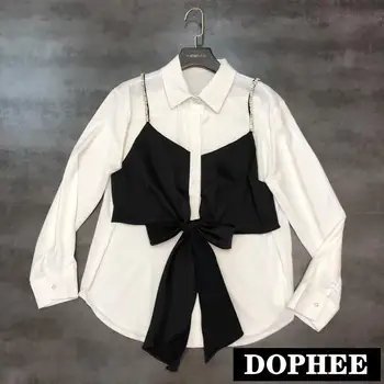 

2020 Spring New Rhinestone Shoulder Strap Chest Bow Tie Fake Two Piece Shirt Women Diamond Bow Loose Blouse Tops
