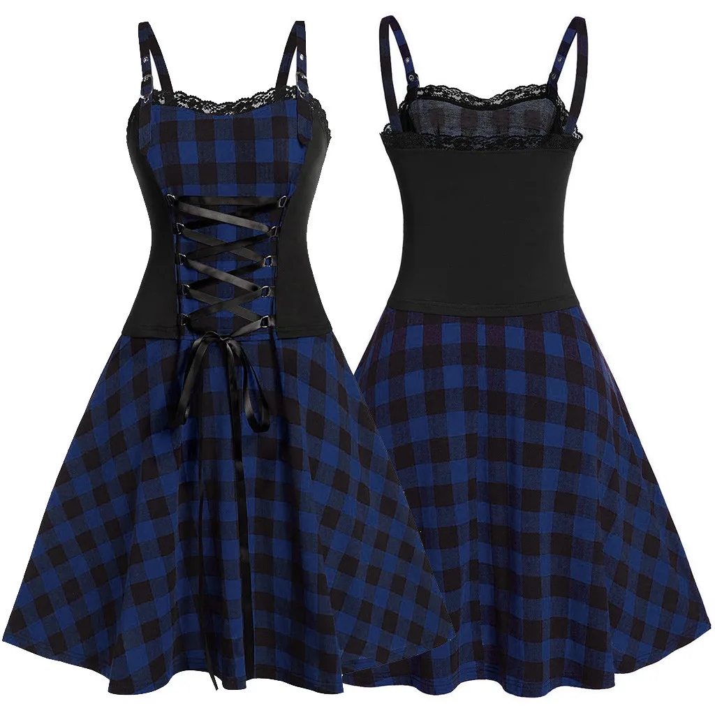 

Gothic Punk Style Plaid Dress Women Cool Plus Size Solid Bandage Irregular Hem Dtrap Sleeveless Dress Camisole Mini Dress