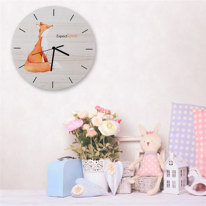 cheap Expect Love Large Watch Clock Cafe Living Room Girl Room Decor Silent Movement Wall Clocks Romantic Park Decoration Fox Pattern
