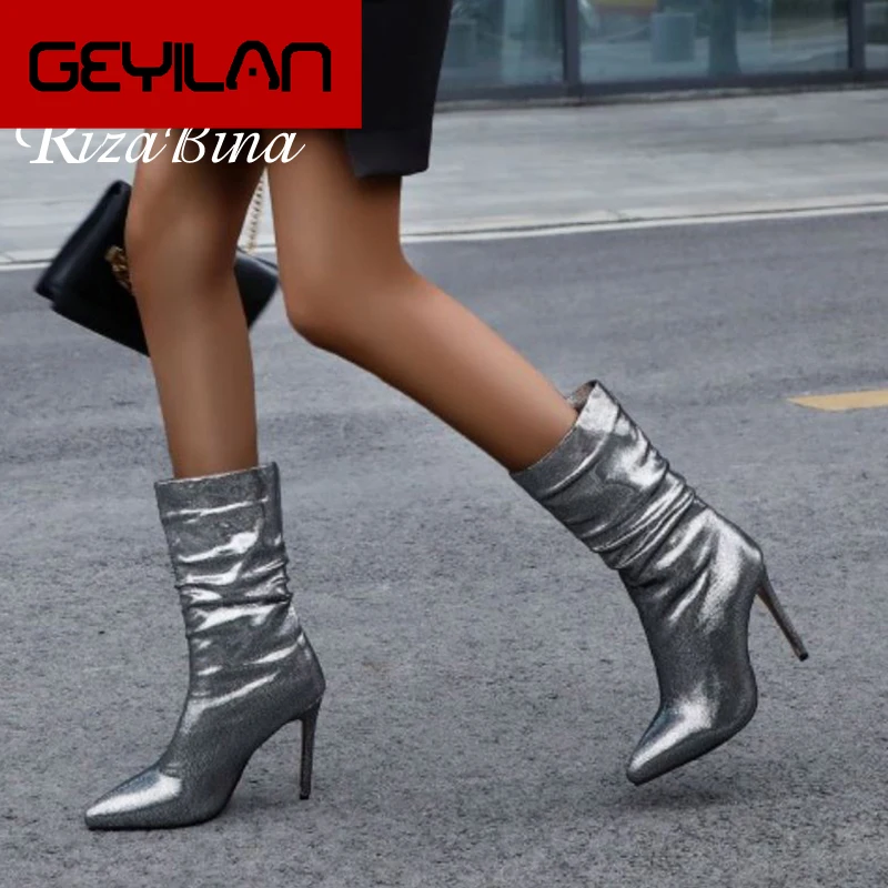 

Size 34-48 Women Mid Calf Boots Winter Sexy Thin High Heels Warm Shoes Women Fashion Pointed Toe Party Lady Footwear