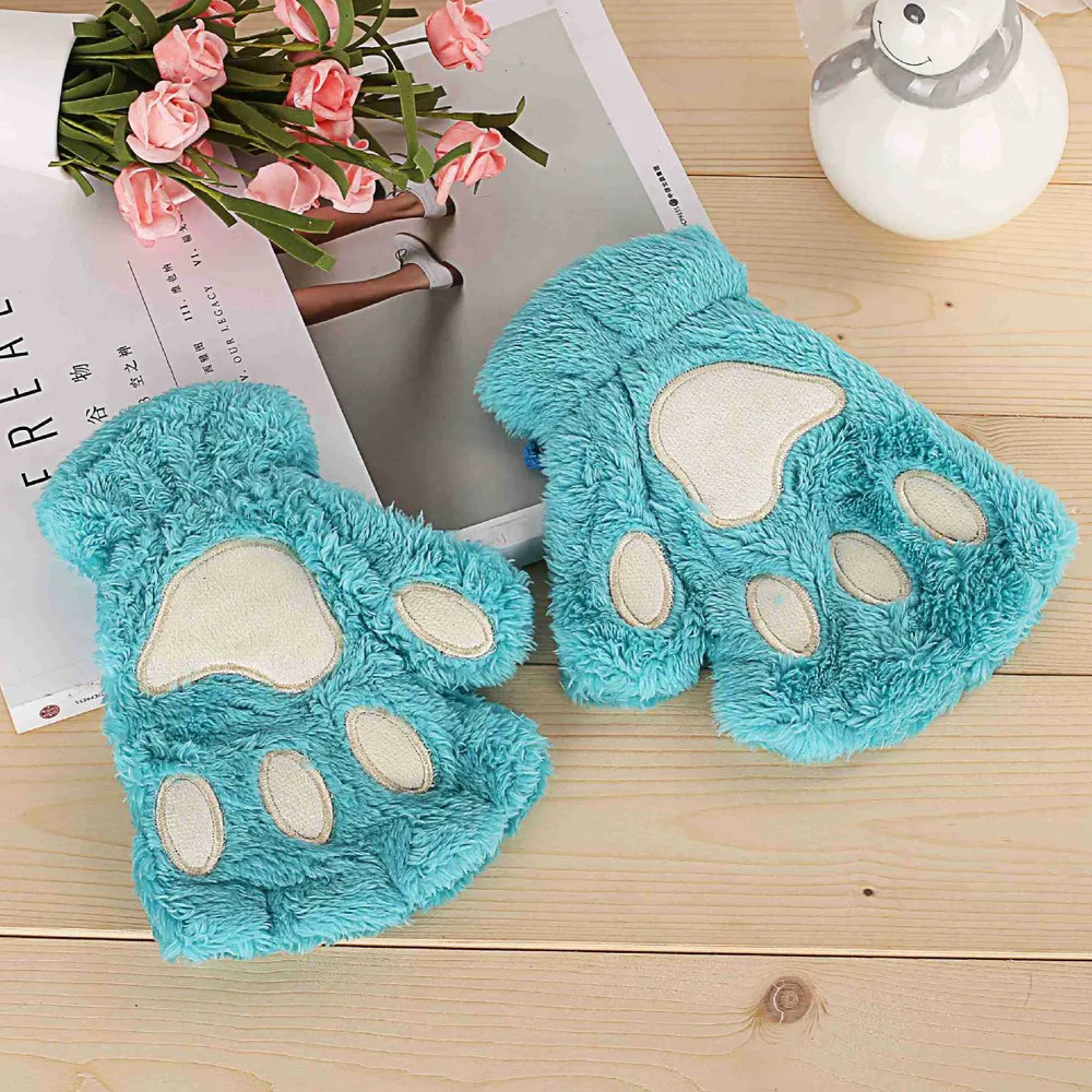 Women Plus Velvet Thickening Half-finger Flip Keep Warm Gloves Casual Cute Cartoon Dog Wrist Warmer Mittens#Zer