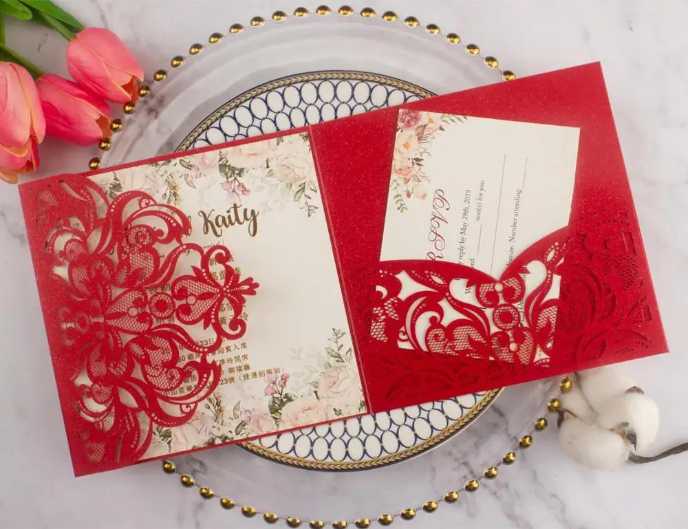 10pcs/lot pearl paper square pocketfold cards Laser Cut Wedding invitation Cards three folded Greeting cover for party supplies - Цвет: red