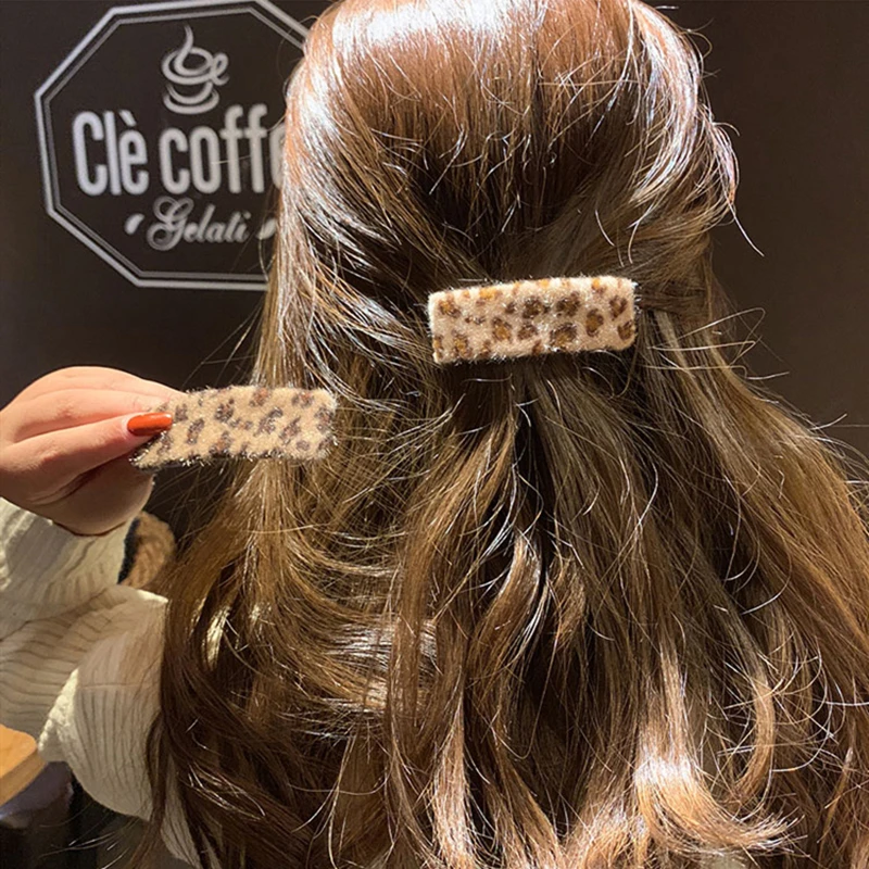 M MISM Girls Korean Hair Clips Fluffy Plush Vintage Leopard Printed BB Hairpins Faux Mink Hair Snap Barrettes