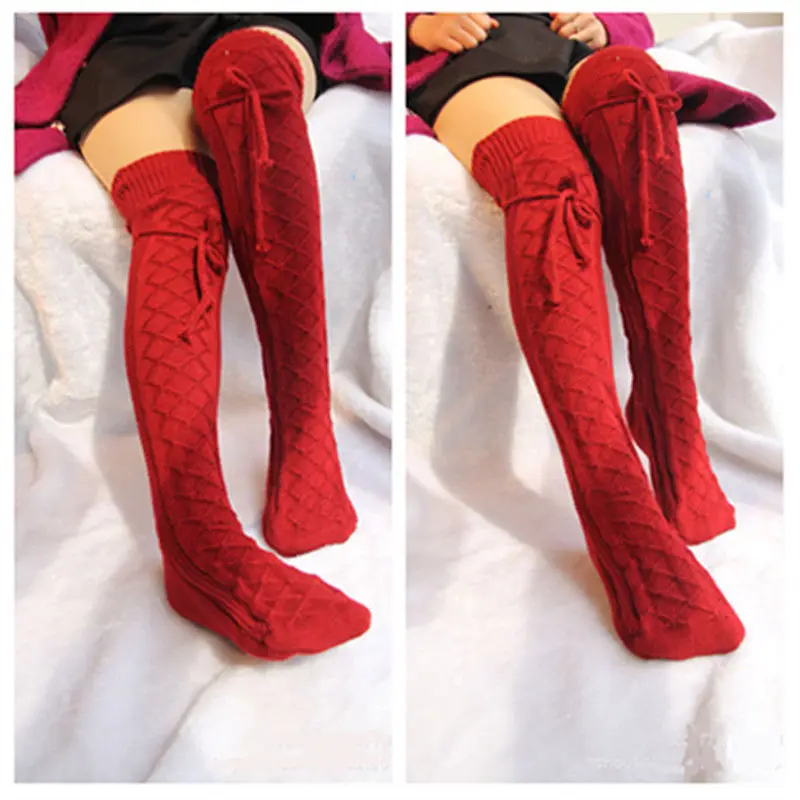 Meihuida, женские зимние мягкие вязаные эластичные шерстяные теплые вязаные чулки выше колена, длинные чулки, студенческие чулки - Цвет: Красный
