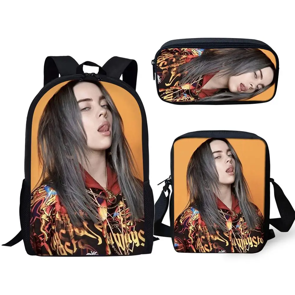 3 шт./компл. в стиле "хип-хоп" певец Billie Eilish школьные ранцы студенты рюкзак для мальчиков и девочек, детский черный рюкзак сумка для ноутбука