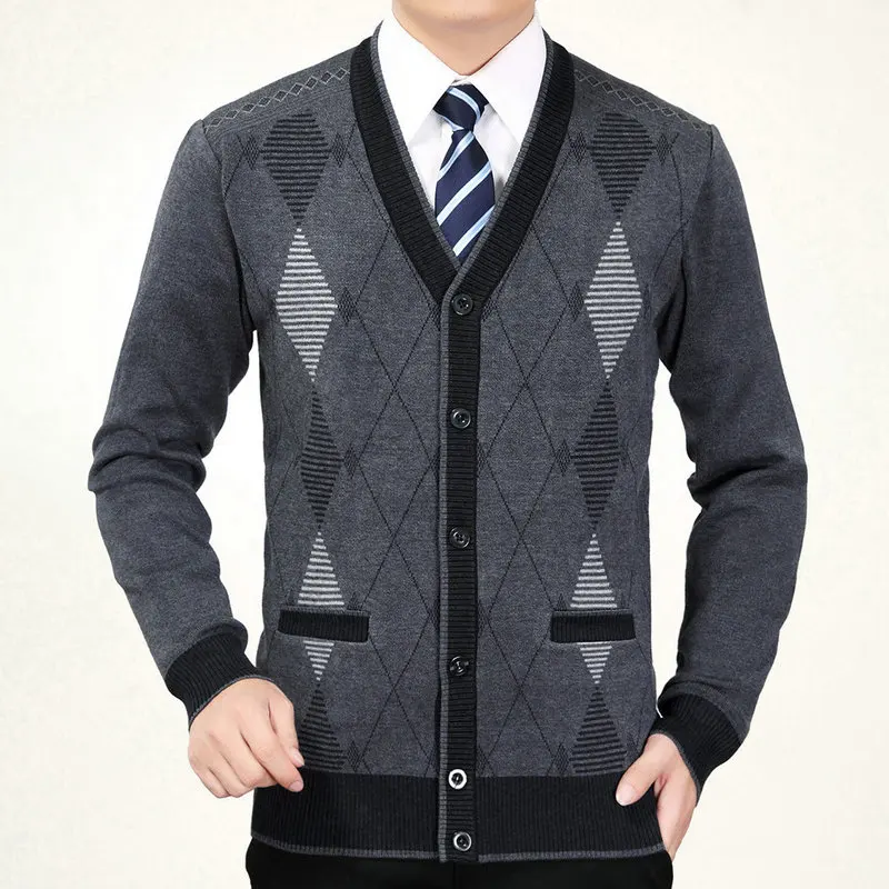 Men Elegant Wool Cardigan Sweaters Autumn Spring Dark Gray Camel Argyle Pattern Knitted Tops Male Smart Casual Plaid Knitwear