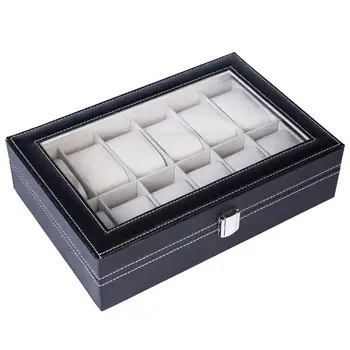 

12 Compartments Top-level Opening Style Leather Watch Collection Box Black