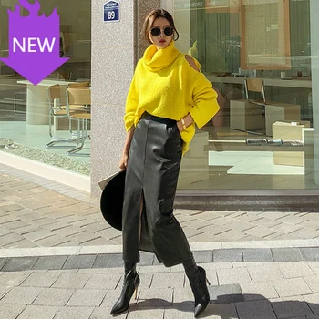 

Solid Mid-calf Length Office Lady Wild Slim High Waist Split Elegant 2020 New Autumn Fashion Women PU Leather Skirt