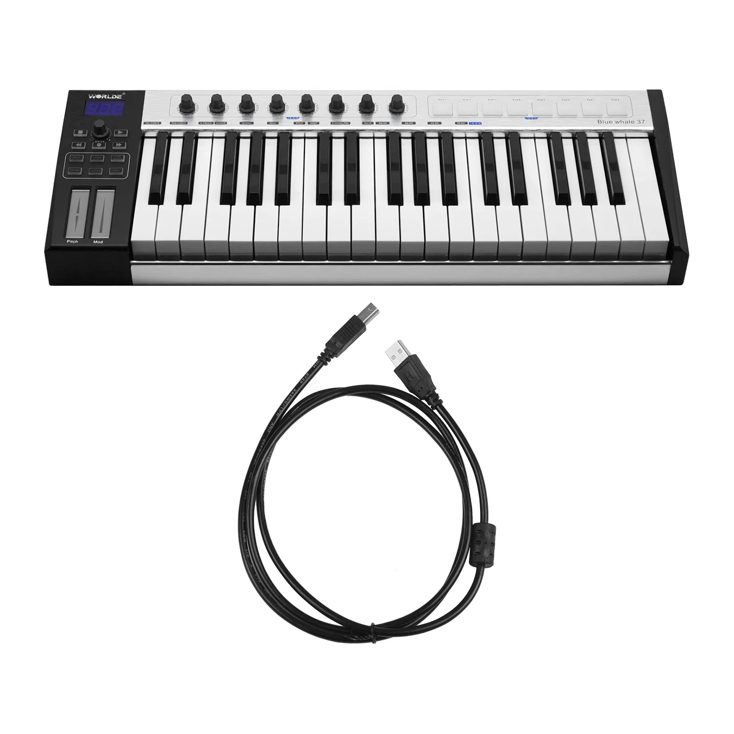 WORLDE Blue whale 37 Портативный USB MIDI контроллер клавиатура 37 полу-взвешенные клавиши 8 RGB с подсветкой триггерные подушки светодиодный с usb-кабелем