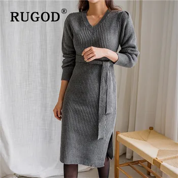 

RUGOD Chic Retro Knitted sweater Dress Belt Solid Full Sleeves Top For Women Casual Knitwear Ladies Dresses Collect Waist