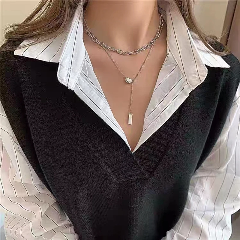 2021 Double Layer Minimalist Necklace For Women Hip Hop Gothic Metal Rectangle Semicircle Pendant Clavicle Chain Choker Gifts