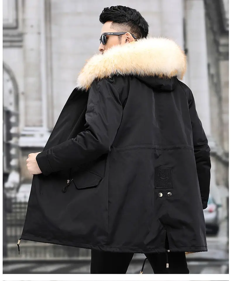 Men's Fur Coat Winter High Quality Fashion With Fur Hooded Lined Thick Warm Parkas Outerwear Mid-length With Long