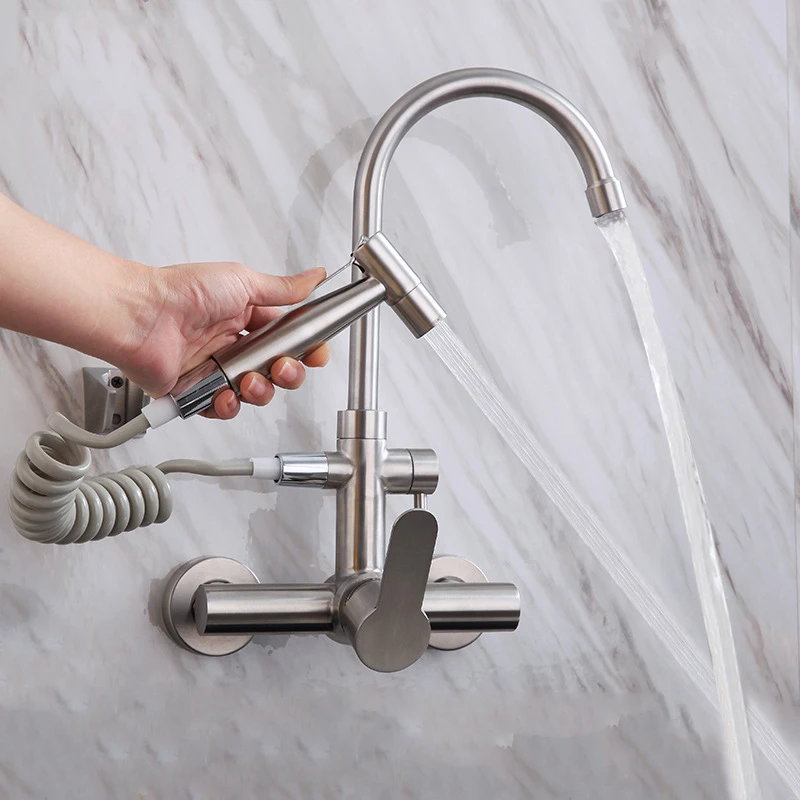 Wall Mount Kitchen Faucet Stainless Steel 360 Swivel Dual Hole Sink Tap  With Bidet Sprayer Shower Head Cold Hot Water Mixer Tap - Kitchen Faucets -  AliExpress