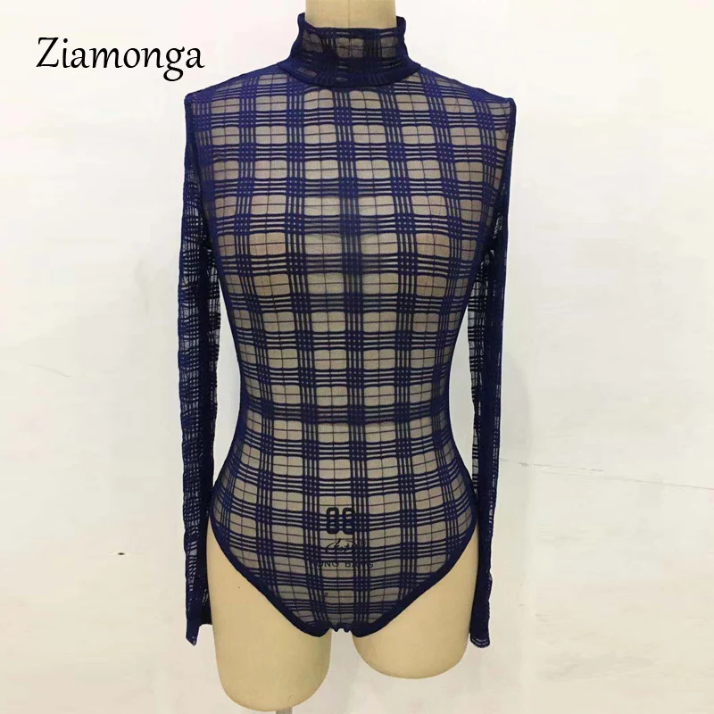 Blue Ziamonga, сетчатый женский комбинезон,, сексуальный, прозрачный, тонкий, вечерние, короткий, прозрачный, длинный рукав, водолазка, кружева, боди - Цвет: Blue