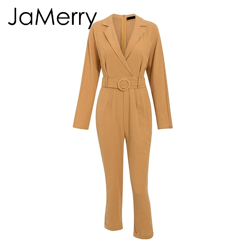 JaMerry Vintage cotton linen women jumpsuit romper Elegant work wear sash belt female jumpsuit Long sleeve office lady overalls