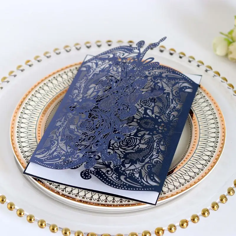 50pcs Wedding Invitation Card with ribbon Laser Cut Floral Glittering Engagement Baptism Invitation - 4.00036E+12
