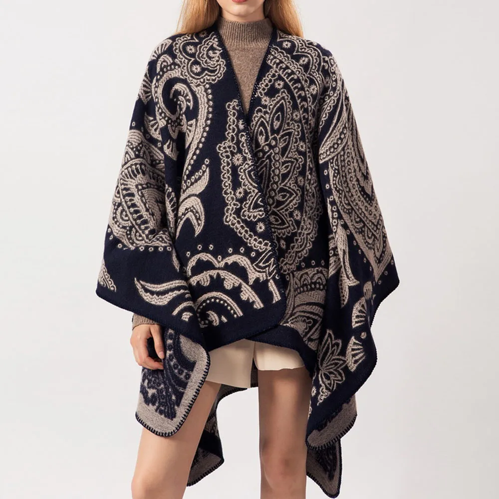 

Fall Winter Ethnic Print Boho Warm Wool Cape Scarves Women Imitation Cashmere Pattern Cardigan Poncho Female Red Fashion Shawl