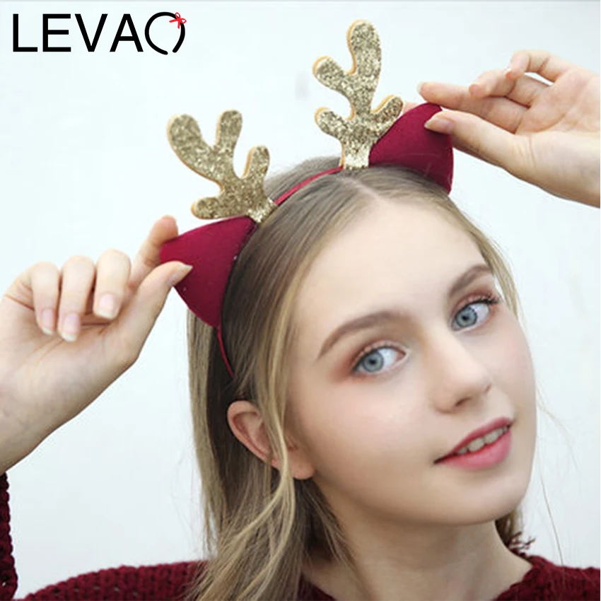 Levao, Рождественский обруч на голову с рогами для женщин и девушек, милая повязка на голову, аксессуары для волос для праздников и вечеринок, блестящий обруч на голову с оленем