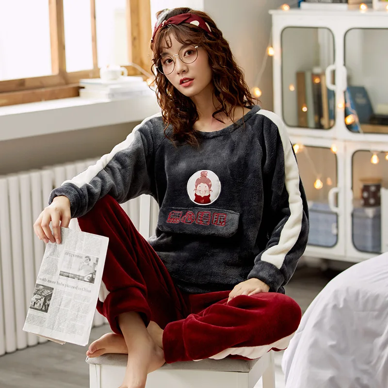 

Winter Pajamas Women's Korean-style Loose-Fit Brushed And Thick Warm Flannel Cartoon Pullover Trousers-Outer Wear Tracksuit