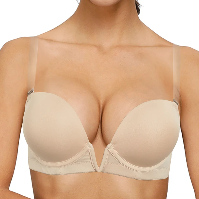 Womens Deep V Plunge Convertible Bra with Clear Straps Low Back