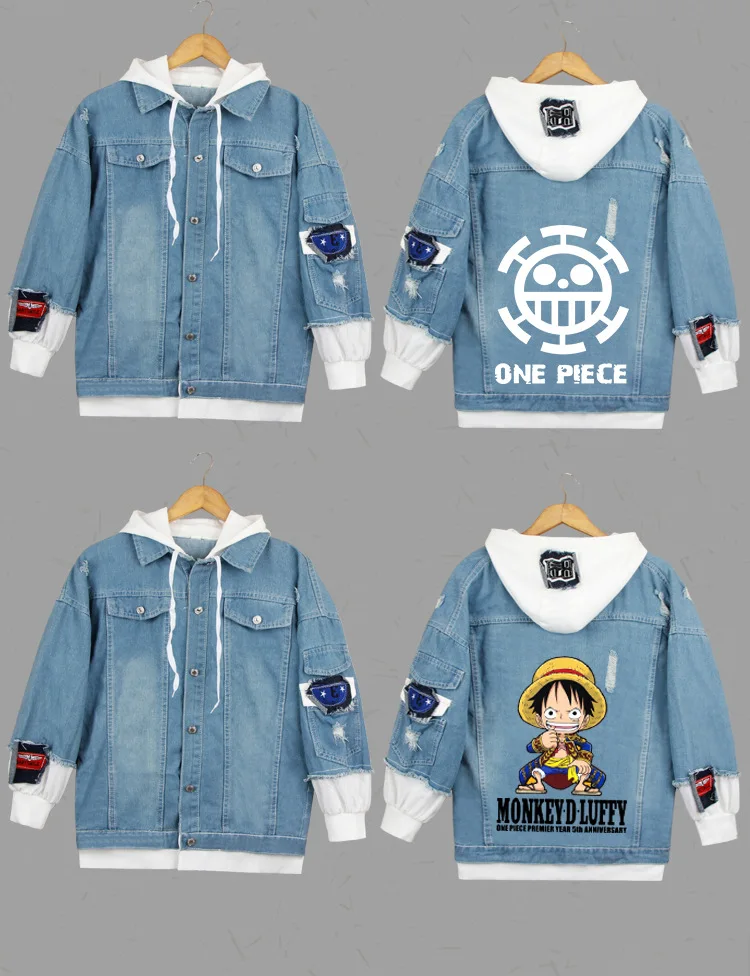 AnimeONE/толстовки с капюшоном с изображением обезьяны D Luffy, толстовки для косплея, костюмы Roronoa Zoro, куртки, Повседневная джинсовая куртка с героями мультфильмов