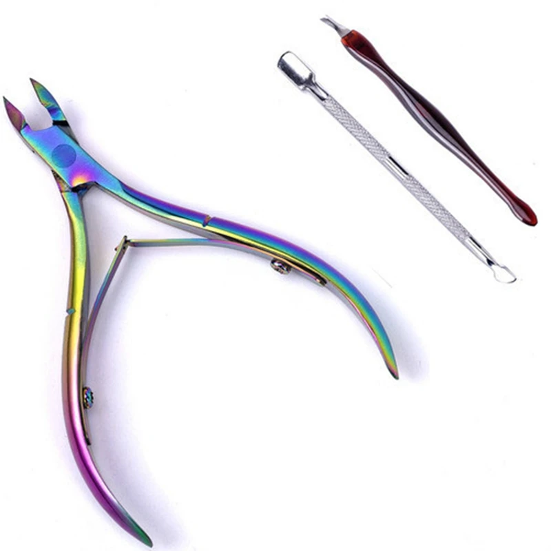 

3Pcs Nail Cuticle Pusher Tweezer Stainless Steel Gradient Rainbow Cutter Nipper Clipper Dead Skin Remover Manicure Nail Art Tool