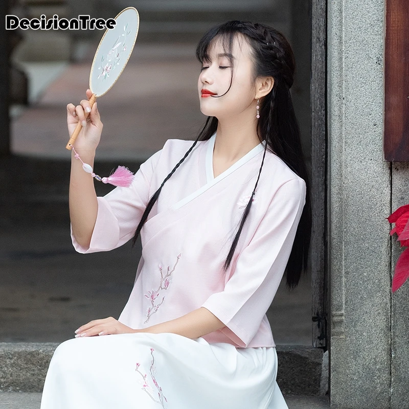 Хлопковый и льняной костюм tang с v-образным вырезом, топы в стиле ретро, Китайская национальная ветрозащитная одежда, газовая Лоскутная блуза с длинными рукавами