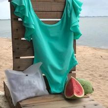 Цельный купальник с оборками для женщин, Одноцветный купальник с рукавами, сексуальный купальный костюм с открытой спиной, монокини, Пляжное боди Bain