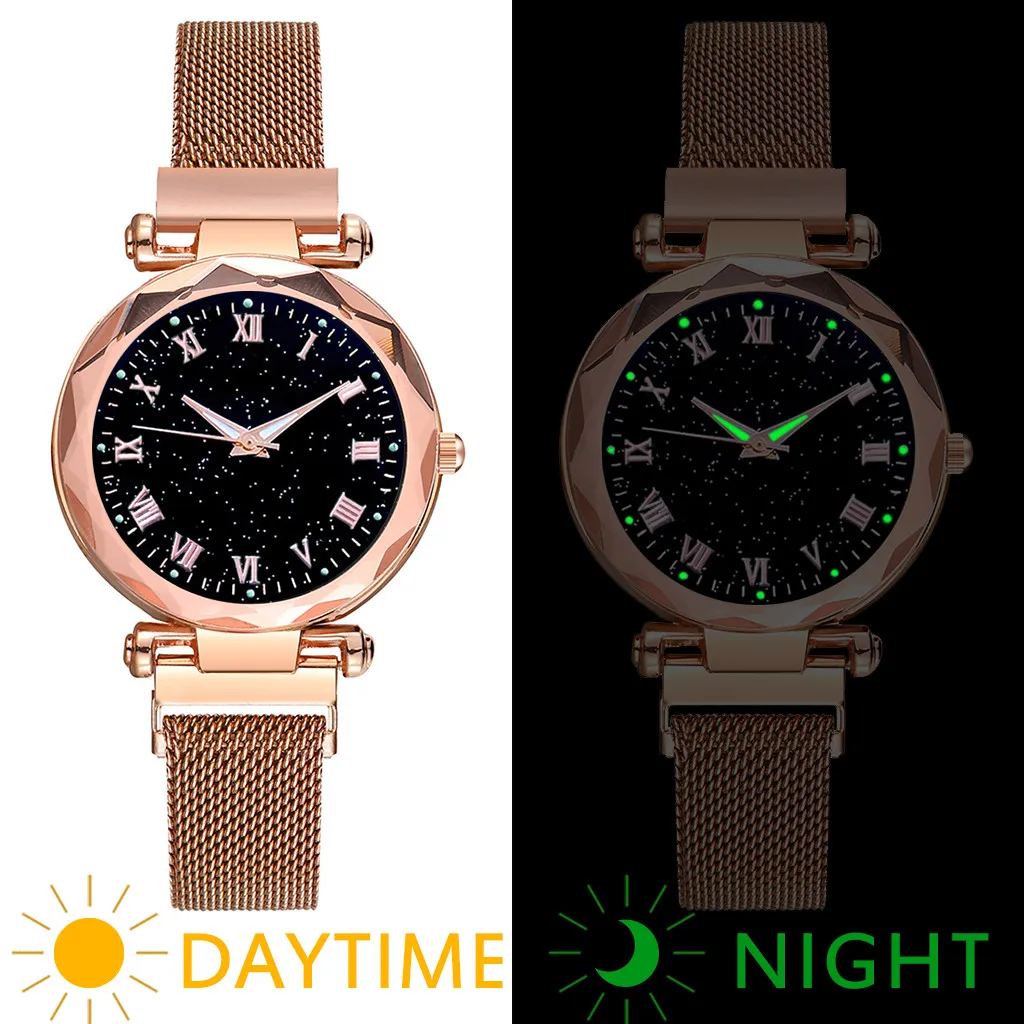 Женские часы, роскошный Звездный циферблат, кристалл, нержавеющая сталь, сетка, магнитный ремень, женские кварцевые часы, подарок, женские светящиеся часы