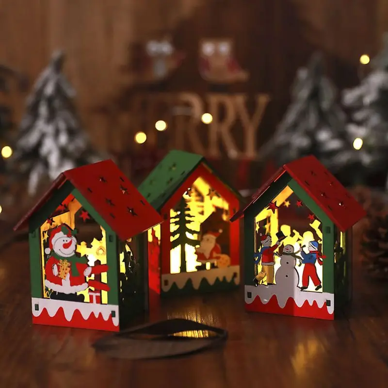 

4pcs/set LED Light DIY Wooden House Villa Christmas Ornaments Hanging Xmas Tree