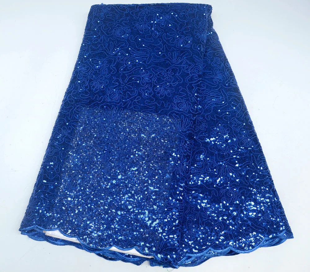 

Beautiful Lace Fabric For Woman African High Quality Lace Latest African Laces with Royal blue Sequins Fabric For Evening dress