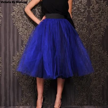 Женская фатиновая юбка на заказ, 6 слоев, красный, черный, бальное платье, высокая талия, falda, миди, длина до колена, секретного размера плюс, юбки-пачки