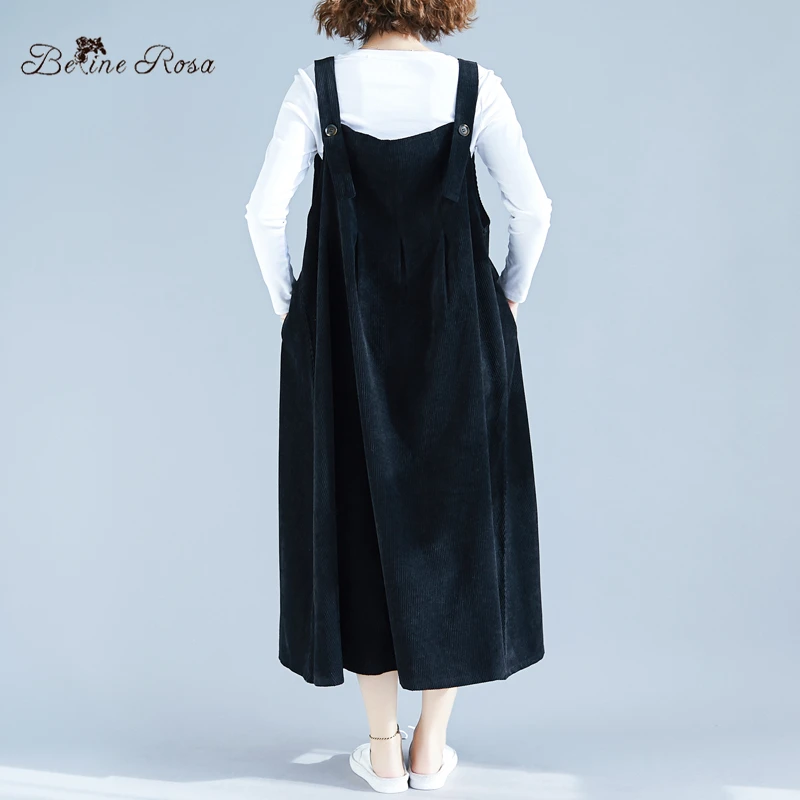 BelineRosa Plus Size Women Clothing Pure Black Sleeveless Thicken Corduroy Vest Dresses Ladies LSMM0004