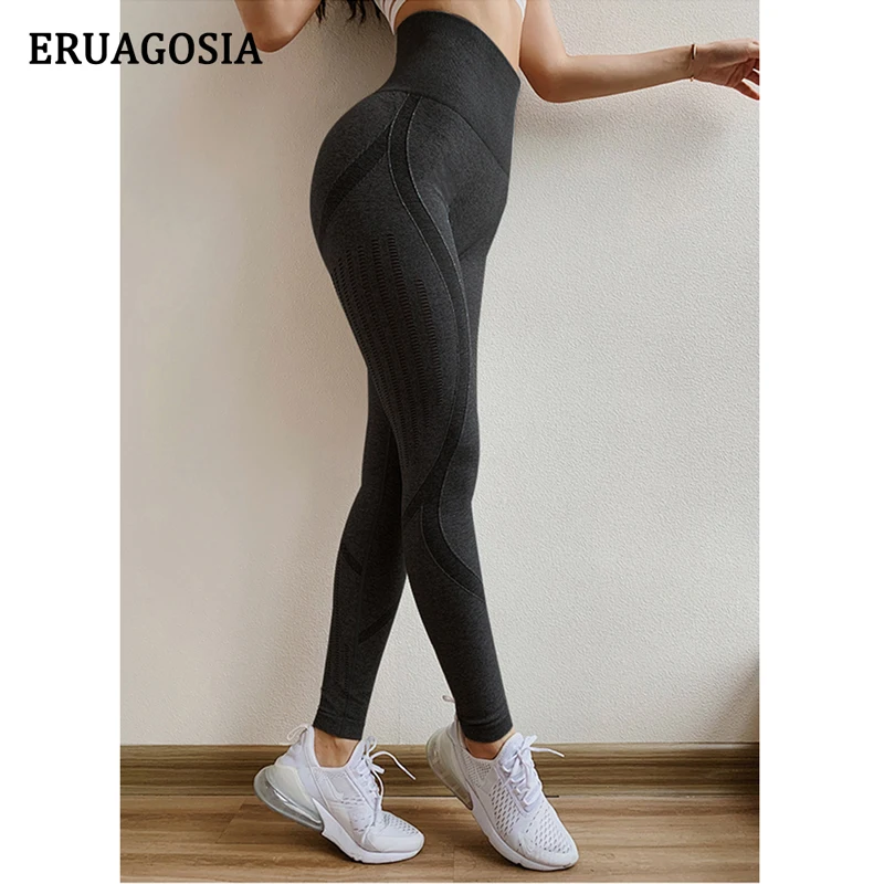 ERUAGOSIA Seamless Yoga Pants Women High Waist Stitching Hollow Sport Pants Female Running Training Fitness Shark Gym Leggings