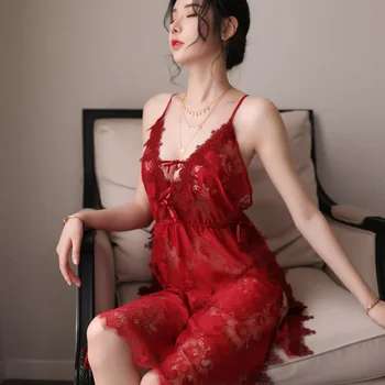 

New lace temptation sexy lingerie large size side split sling nightdress female transparent sexy pajamas
