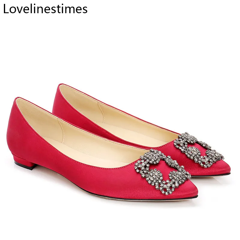 

Red Satin Cloth Flats Shoes Woman Basic 2024 Fashion Rhinestones Crystal Diamond Buckle black Flat Bridal flat Shoes Women Shoes