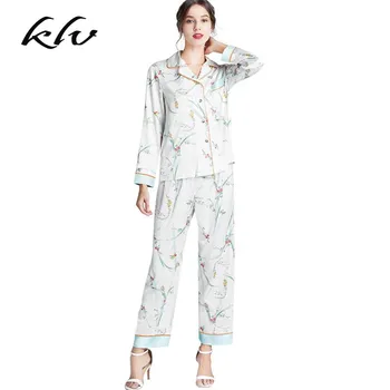 

Womens Spring Pajamas 2Piece Set Imitation Silk Long Sleeve Button Down Tops Pants Colorful Floral Printed Loose Sleepwear Loung