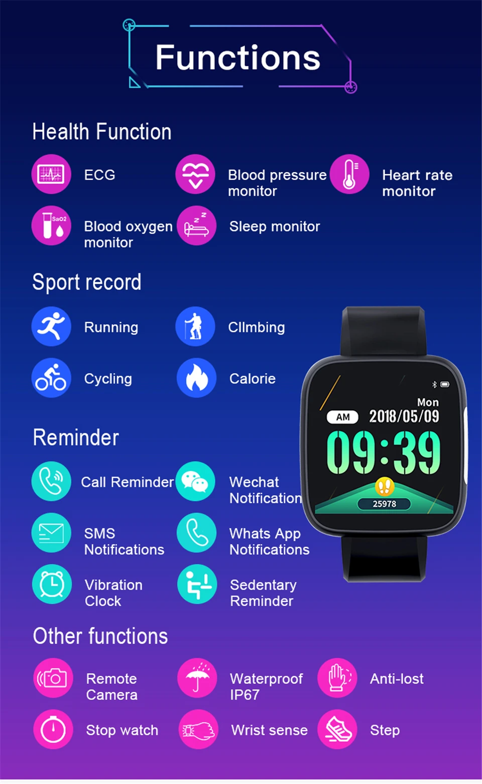 T5 Смарт-часы электрокардиограмма пульсометр Монитор артериального давления Браслет Водонепроницаемый фитнес-трекер спортивный браслет