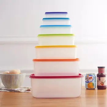 

7PCS/Set Refrigerator Crisper Box Transparent Sealed Plastic Rectangular Rainbow Colored Crisper Storage Boxes Food Container