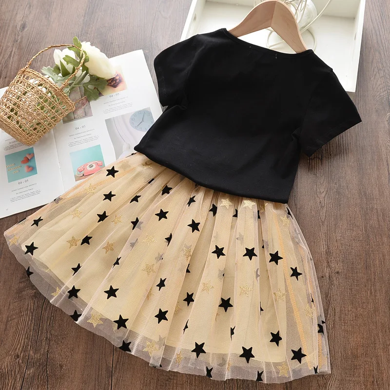 Kids Clothing Set Girls Clothing Set Swan T-Shirt + Star Mesh 2Pcs Suit 2 Colors